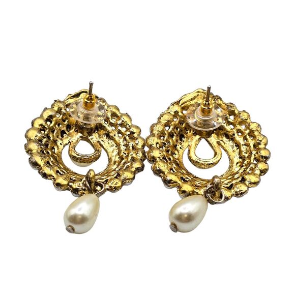 Teardrop Imitation Seed Bead Pearls Pierced Earrings Clear Rhinestones Vintage - Picture 5 of 6